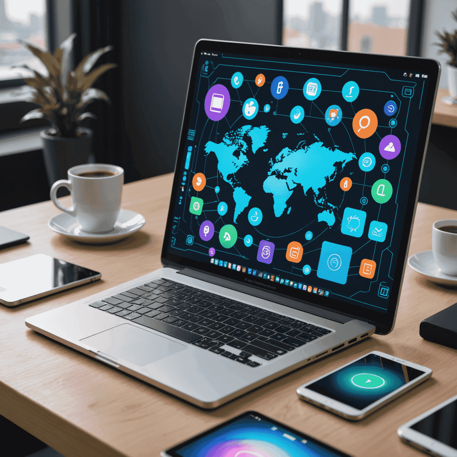 Obraz przedstawiający nowoczesne urządzenia technologiczne na biurku, takie jak laptop, smartfon i tablet, z holograficznym wyświetlaczem pokazującym różne ikony technologiczne