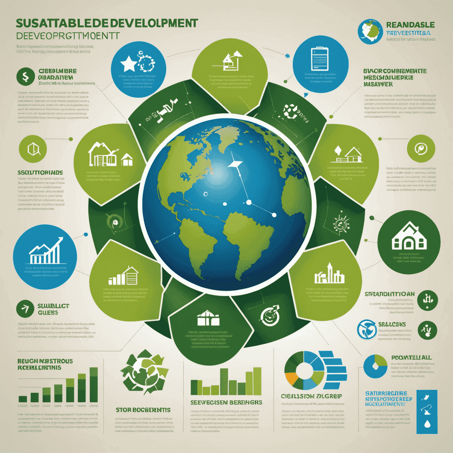 Infografika pokazująca różne aspekty zrównoważonego rozwoju w biznesie, takie jak energia odnawialna, recykling i odpowiedzialne zarządzanie zasobami