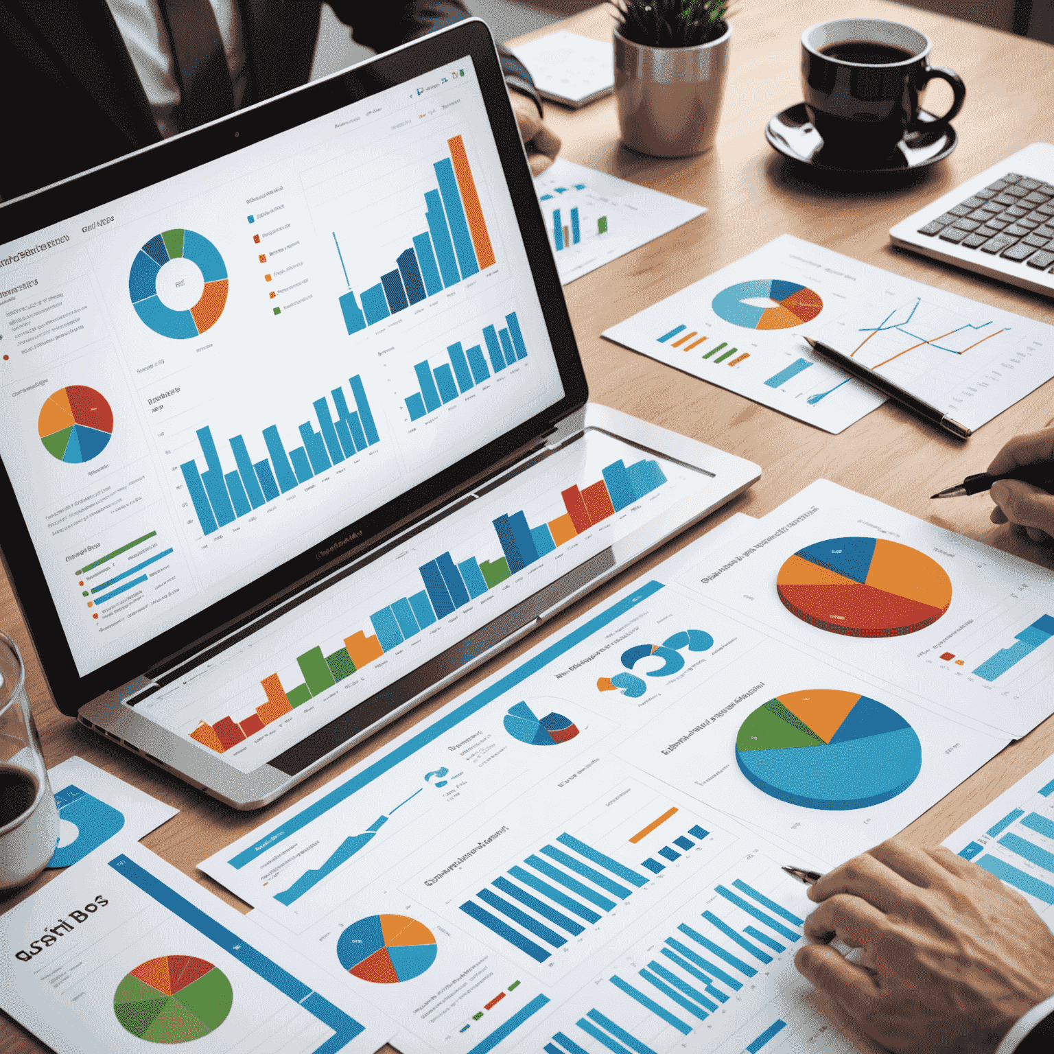 Obraz przedstawiający wykresy i dashboardy z danymi biznesowymi