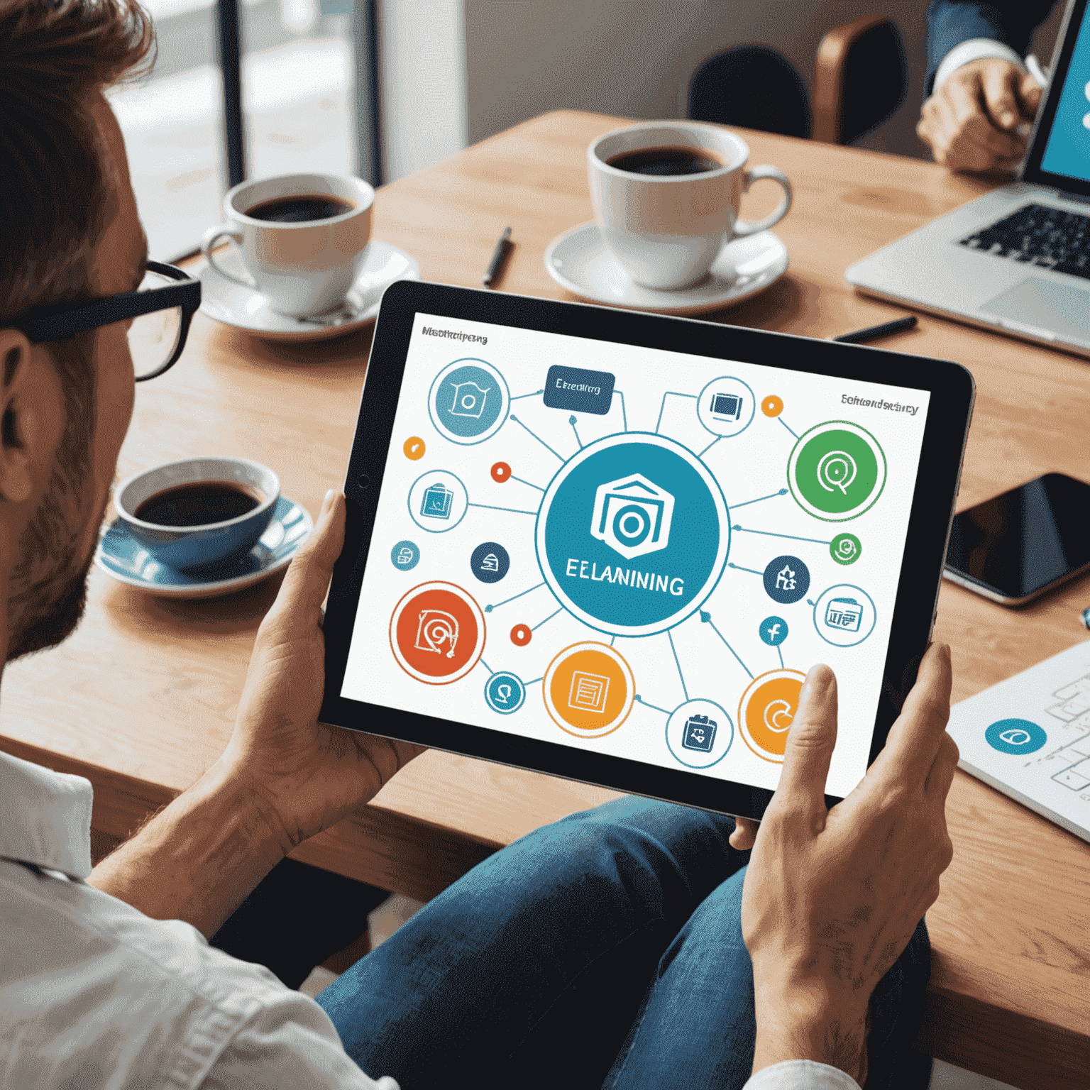 Osoba korzystająca z tabletu podczas wirtualnego szkolenia, otoczona ikonami reprezentującymi różne narzędzia e-learningowe
